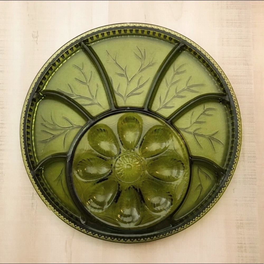 Vintage Green Glass Devil Egg Snack Platter Tray